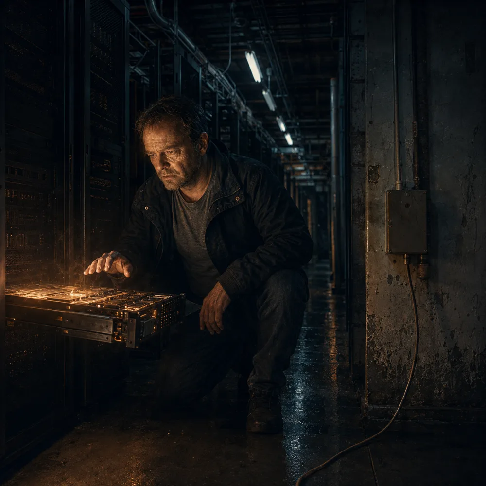 Een onderhoudsmonteur hurkt bij een serverrack waar één enkele blade warmrood oplicht