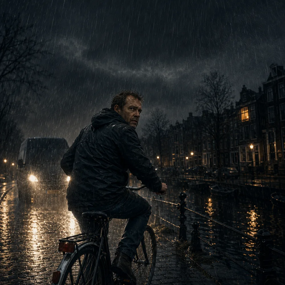 Een man fietst hard door de regen in de nacht, koplampen van een SUV achter hem op een donker pad door het Vondelpark