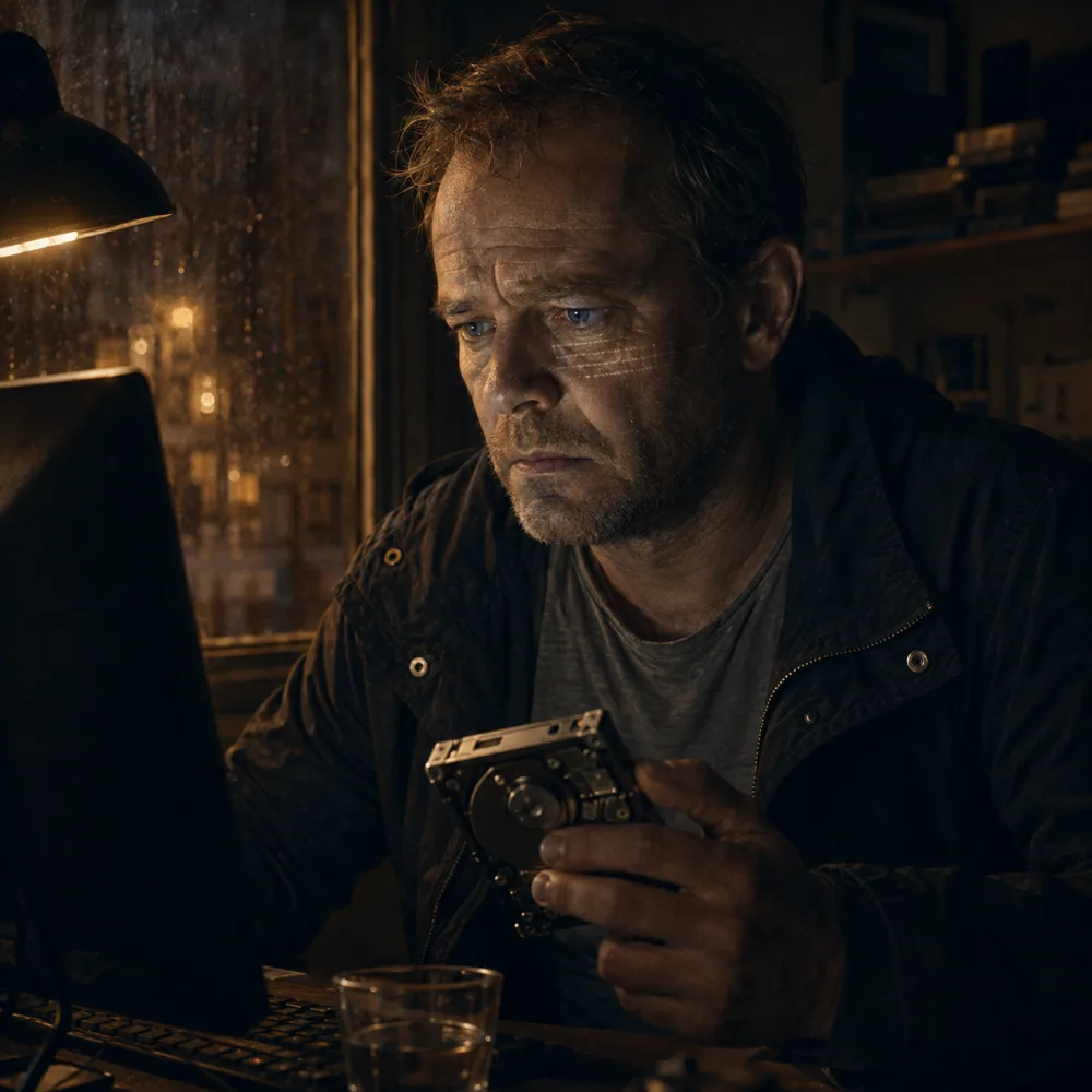 Een vermoeide man staart naar een oplichtend beeldscherm in een donker appartement, angst op zijn gezicht