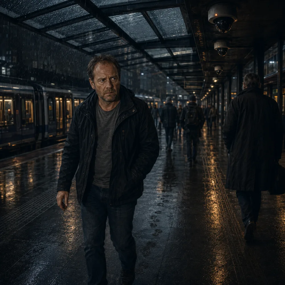 Een man loopt door een station terwijl rode surveillance-graphics zich vastzetten op zijn manier van lopen