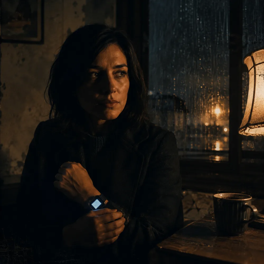 Een beheerste vrouw zit half in de schaduw, een smartwatch oplichtend om haar pols